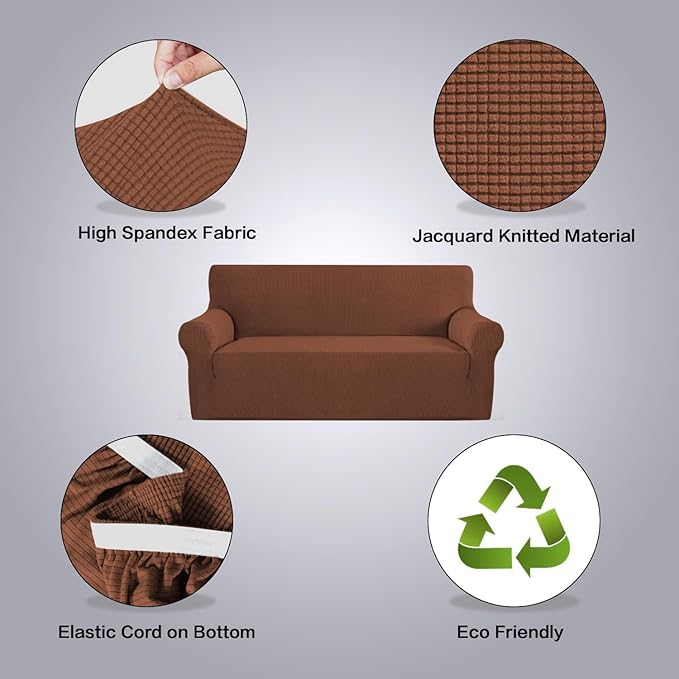 H.VERSAILTEX Stretch Couch Covers for Sofa 1 Piece Slipcovers for Couches and Sofas 3 Seater Couch Cover Feature Thick Checked Jacquard Fabric with Elastic Bottom(Large Sofa 90"-100" Wide, Caramel)