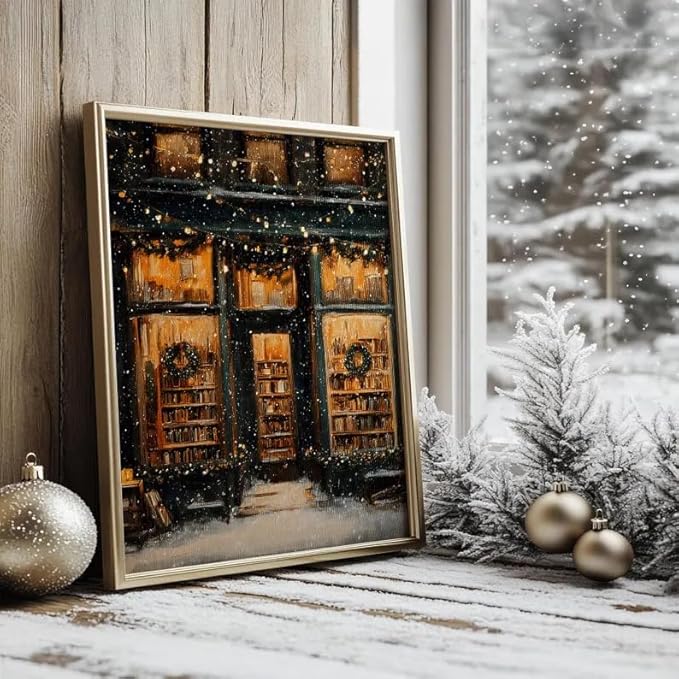 Vintage Christmas Wall Art, Cozy Bookstore Front with Wreaths and Snowy Street, Classic Holiday Winter, Warm Lights Winter Bookshop Painting, Festive Seasonal Christmas Decor (Unframed) (20x30)