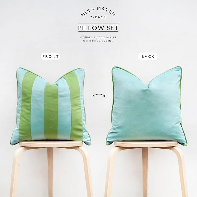 MONDAY MOOSE Decorative Throw Pillow Covers Cushion Cases, Set of 2 Soft Velvet Striped Piping Edge Designs, Pillow Inserts Not Included (Light Green/Light Blue, 22x22 inch)