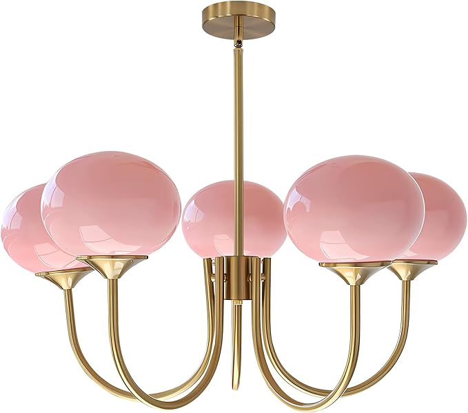 BOKT 5 Light Gold Globe Sputnik Chandelier Modern Pink Glass Sputnik Pendant Lights Kitchen Island Mid Century Vintage Brushed Brass Ball Chandelier Light Fixture for Bedroom Dining Living Room