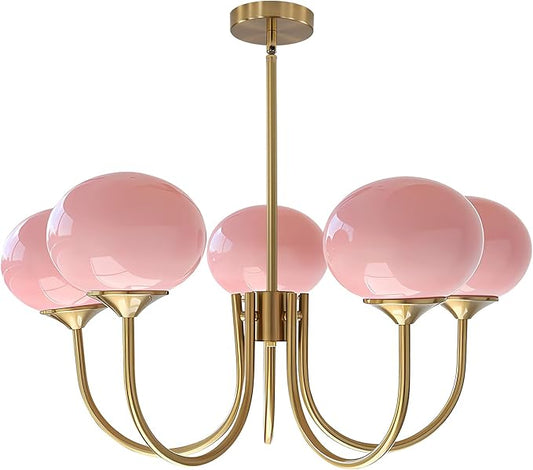 BOKT 5 Light Gold Globe Sputnik Chandelier Modern Pink Glass Sputnik Pendant Lights Kitchen Island Mid Century Vintage Brushed Brass Ball Chandelier Light Fixture for Bedroom Dining Living Room