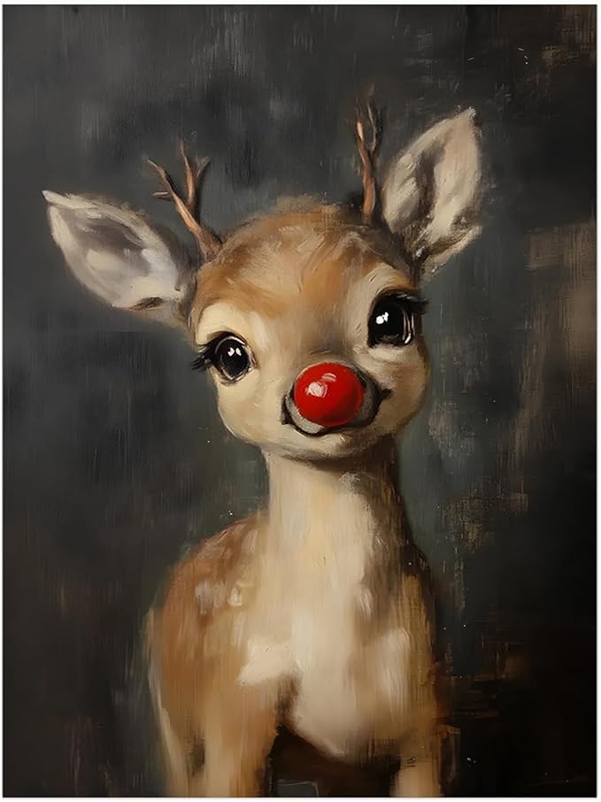 Christmas Red Nosed Reindeer Wall Art Prints,Cute Rudolph Reindeer Painting,Whimsical Baby Reindeer Canvas Prints,Moody Vintage Rudolph Poster,Rustic Christmas Nursery Home Decor