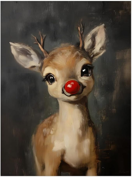 Christmas Red Nosed Reindeer Wall Art Prints,Cute Rudolph Reindeer Painting,Whimsical Baby Reindeer Canvas Prints,Moody Vintage Rudolph Poster,Rustic Christmas Nursery Home Decor