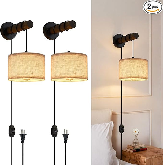 Plug in Wall Sconces Set of 2, Farmhouse Wall Lamp with 5.9FT Plug in Cord, Dimmable Hanging Wall Lighting with Fabric Shade, Adjustable Wall Mount Lights for Bedroom Living Room, Wooden Arm