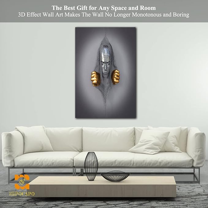 HIPOCAPO 3D Metal Effect Wall Art - Decor Artwork Silver Figure Statue Modern Canvas Painting, Framed Gold for Living Room 28''x40''x1Pcs