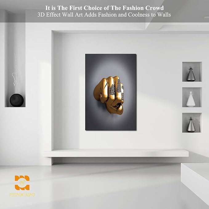 3D Wall Art - Abstract 3D Metal Effect Canvas Wall Art, 3D Modern Wall Art for Office, Golden Boxer Gesture 3D Art Wall Decor for Modern Bedroom Decor Framed 32”x48”x1Pcs