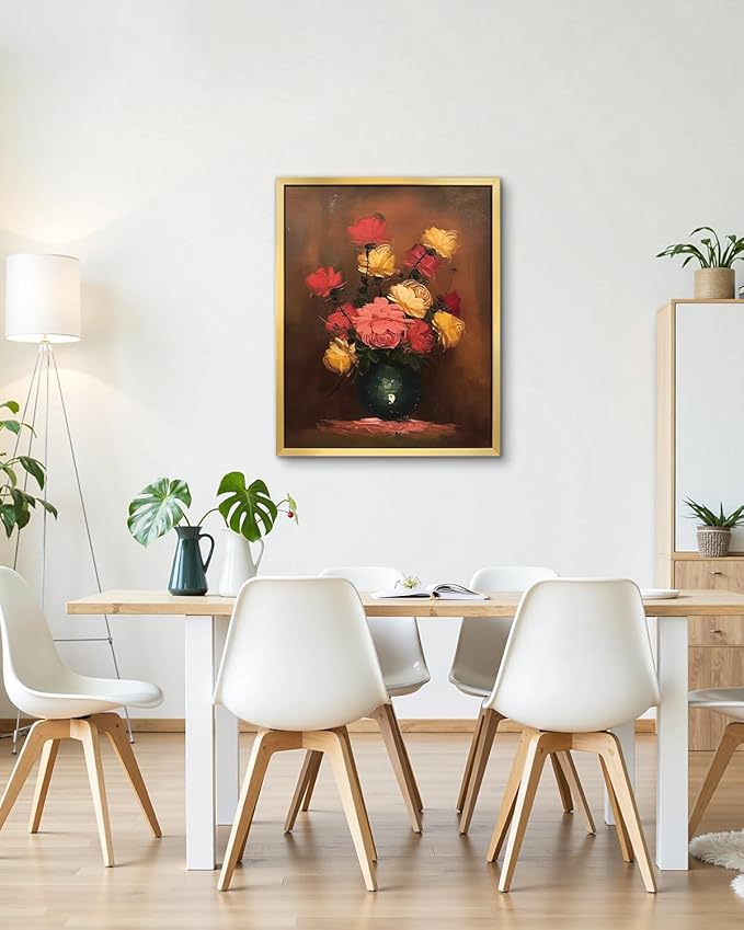 AIMAILON Vintage Gold Canvas Wall Art Framed Decor for Living Room Kitchen Classical Still Life Three Color Rose Artwork Warm Moody Botanical Aesthetic Picture Home Decoration 16x20