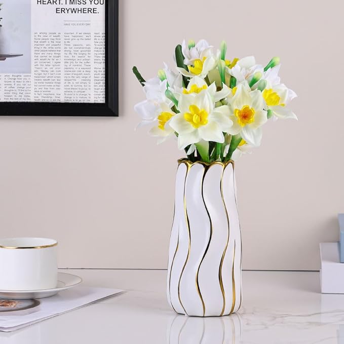 7.5" White Ceramic Vase - Minimalist White and Gold Flower Vase, Small Pampas Grass Vase, Boho Decorative Centerpiece Vase for Home Decor, Table, Shelf, Mantel, and Entryway