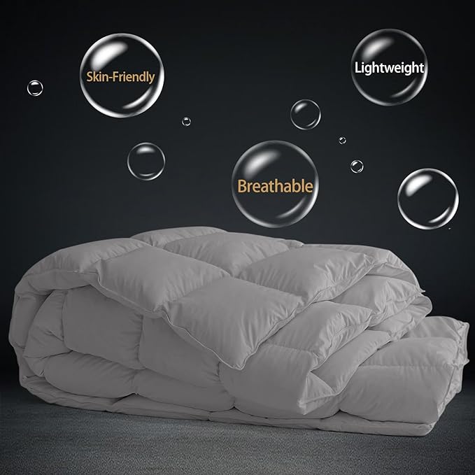 CYMULA Queen Size Feather Down Comforter - All Season Dark Grey Duvet Insert, Lightweight Box Stitched, Fluffy Breathable, Ultra Soft Quiet Hotel Style with 8 Tabs(90" x 90")