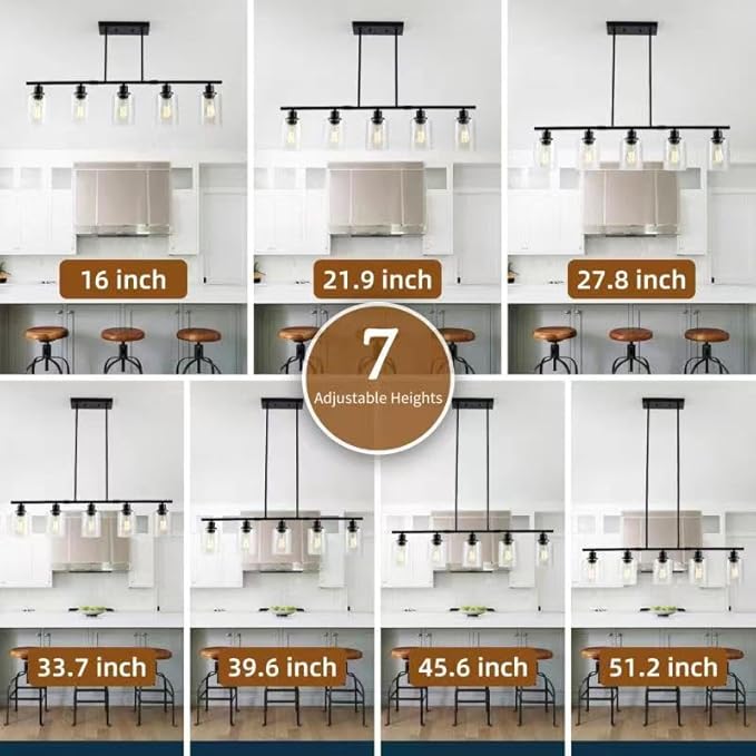 39.4" Kitchen Island Lighting, 5 Lights Clear Glass Pendant Light Fixtue, Black Linear Metal Chandelier for Dining&Living Room Foyer,Height Adjustable,E26 Socket