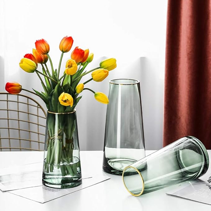 Green Glass Flower Vase with Gold Mouth for Centerpieces Home Wedding Decoration (1, Small)