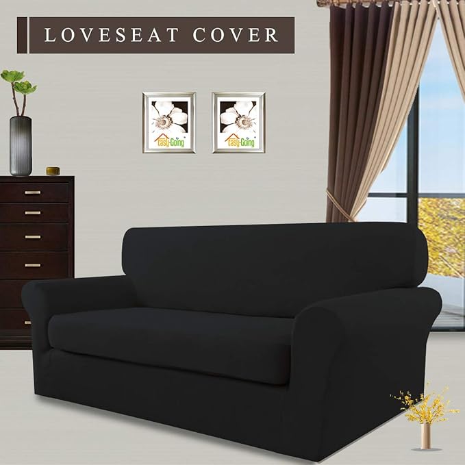 Easy-Going 2 Pieces Microfiber Stretch Sofa Slipcover Spandex Soft Fitted Sofa Couch Cover, Washable Furniture Protector with Elastic Bottom Kids, Pet (Loveseat, Black, Medium)