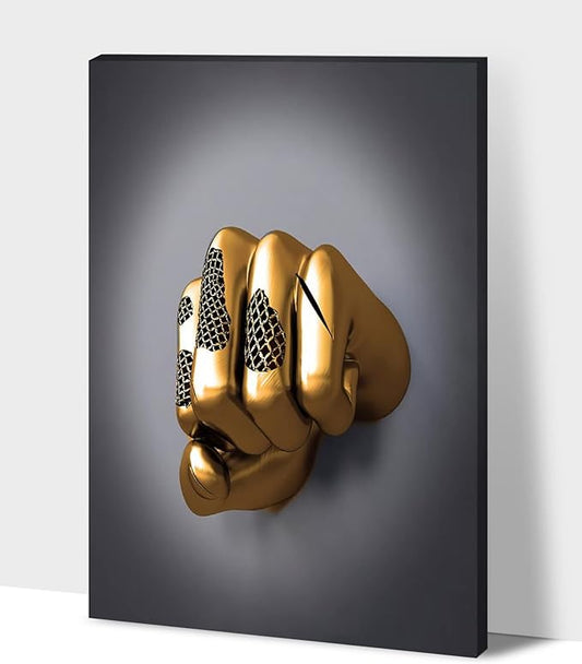 3D Wall Art - Abstract 3D Metal Effect Canvas Wall Art, 3D Modern Large Wall Art for Office, Golden Boxer Gesture 3D Art Wall Decor for Modern Bedroom Decor Framed 18”x24”x1Pcs