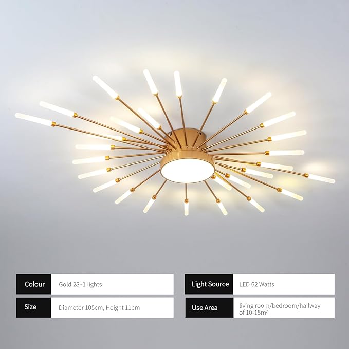 JAYMP Ceiling Light Modern Flower Shape Ceiling Lamp for Living Room Dining Room Flush Mount Metal Acrylic Sputnik Firework Petal LED Lighting Fixture (Matte Gold, 28+1 Lights)