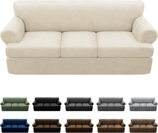 4-Pieces T Cushion Sofa Slipcovers Leather Look Couch Cover for 3 Cushion Couch Furniture Protector Stretch Sofa Cover with 3 Individual T Cushion Seat Covers Washable, Ivory