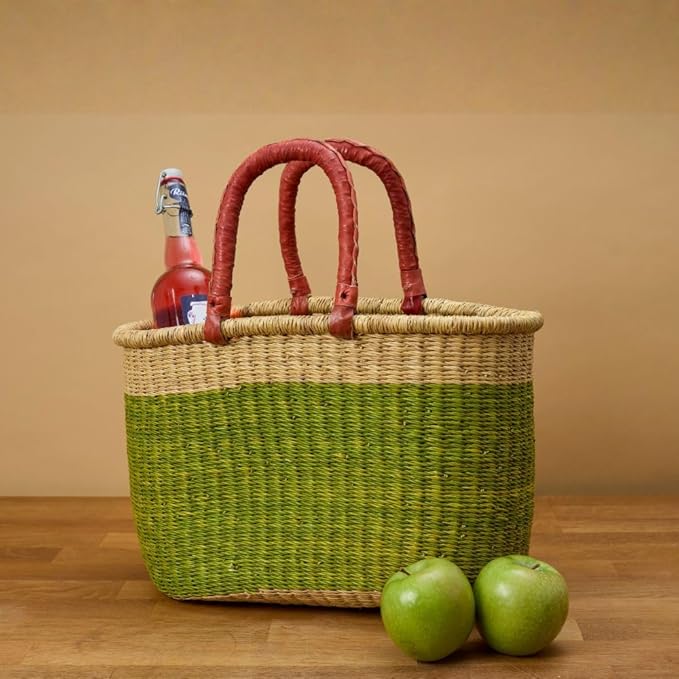 Green Block Picnic Basket, Reusable Grocery Bag, Farmers Market Tote, Shopping, Fruit Picking, Harvesting, Foraging, Kitchen Countertop, Decorative, Wicker, Woven