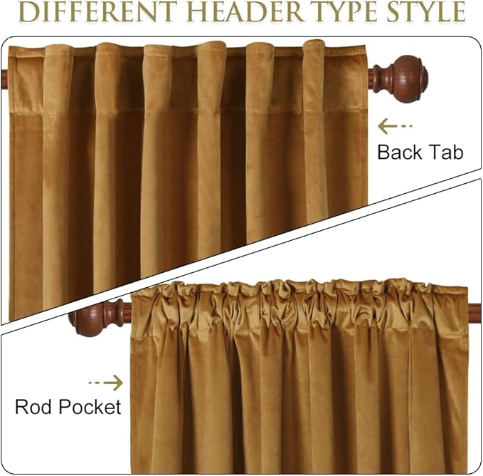 StangH Gold Brown Room Darkening Velvet Curtains W42x L96 inches for Bedroom, Luxury Back Tab Door Curtains Farmhouse Decor for Dressing Room/Sliding Glass Door, 2 Panels