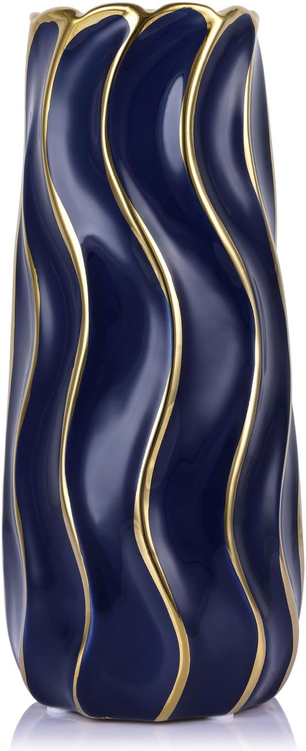 7.5" Blue Ceramic Vase - Minimalist Blue and Gold Flower Vase, Blue Decor Large Pampas Grass Vase, Boho Decorative Centerpiece Vase for Home Decor, Table, Shelf, Mantel, and Entryway