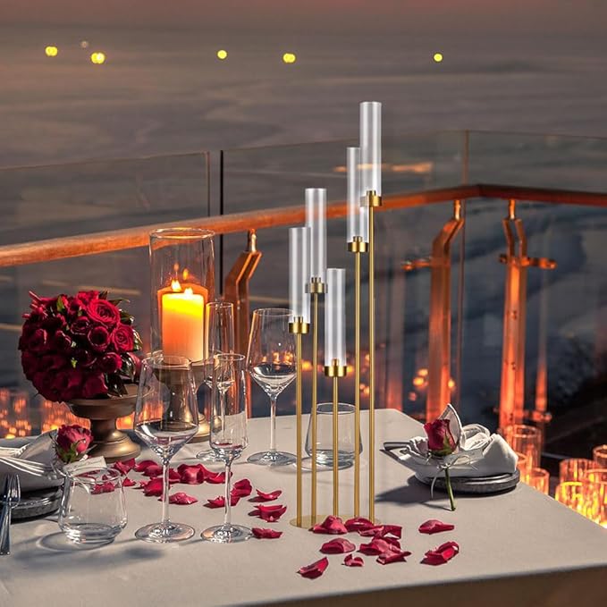 5 Arm Candelabra with Acrylic Lampshade Set of 4 Gold Candelabra for Wedding Table Birthday Party Home Decoration 39.4'' Candle Holder Fit LED Taper Candles