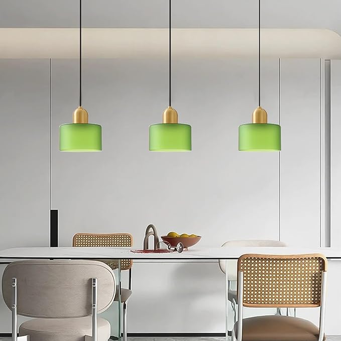 Modern Glass Pendant Light, E26 Hanging Light Fixture with Gold Metal Socket, Adjustable Cord Ceiling Lighting for Kitchen, Dining Room, and Bedroom (Frosted Green)