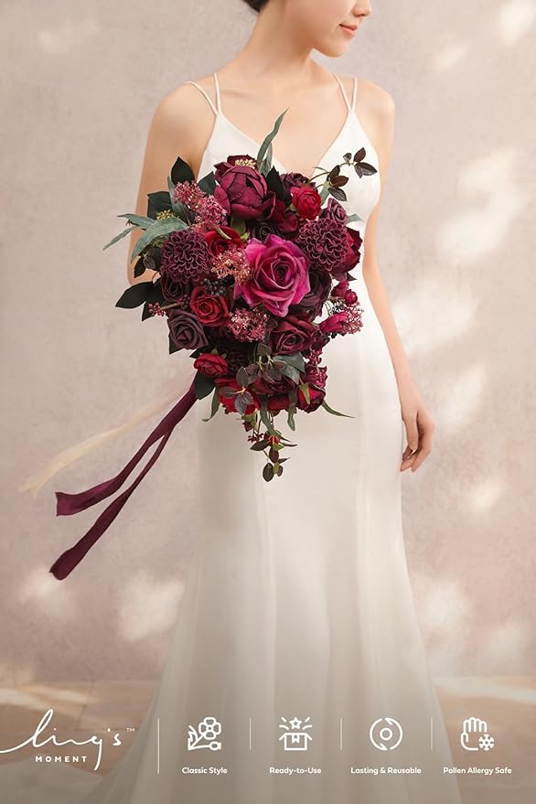 Ling's moment Red Bridal Bouquet Cascading, Burgundy Wedding Bouquets for Bride, 13 Inch Bride Bouquets for Wedding Artificial Flowers Bouquets