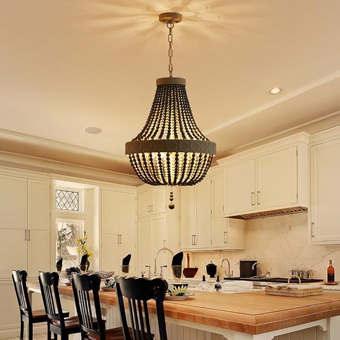 Saint Mossi Farmhouse Chandeliers, Vintage Design Wood Bead Pendant Light Fixture, D18 x H26, Adjustable 59" Chains, 4 x E12 Sockets, Rustic Black Finish Bead & Dirt Grey Finish Metal Frame