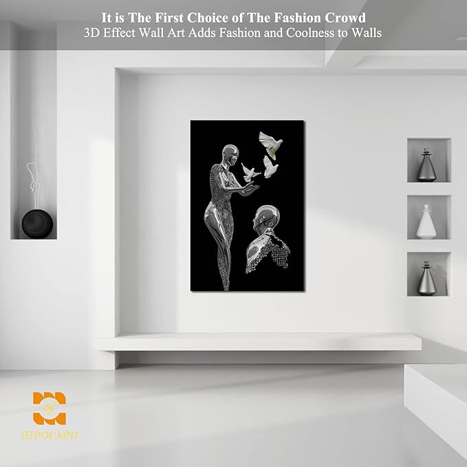 HIPOCAPO 3D Metal Effect Wall Art - Canvas Art, Decor for Living Room, Framed Romantic Couple Put Pigeons pictures bedroom 32”x48”x1Pcs 3d Art-24