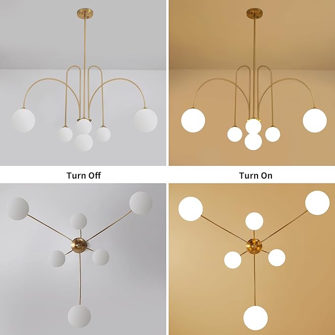 Gold Sputnik Chandelier,6 Lights Modern Chandelier for Dining Room Mid Century Chandelier Large L49” Ceiling Pendant Light Fixtures with Milk Glass Globe Shades for High Ceiling Foyer Living Room