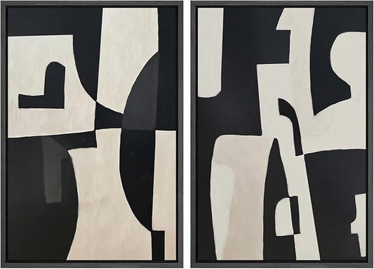SIGNWIN Framed Canvas Print Wall Art Set Black and Beige Abstract Geometric Modern Bold Minimalist Illustrations Minimal Decorative Zen Bohemian for Living Room, Bedroom, Office - 16"x24"x2 Black