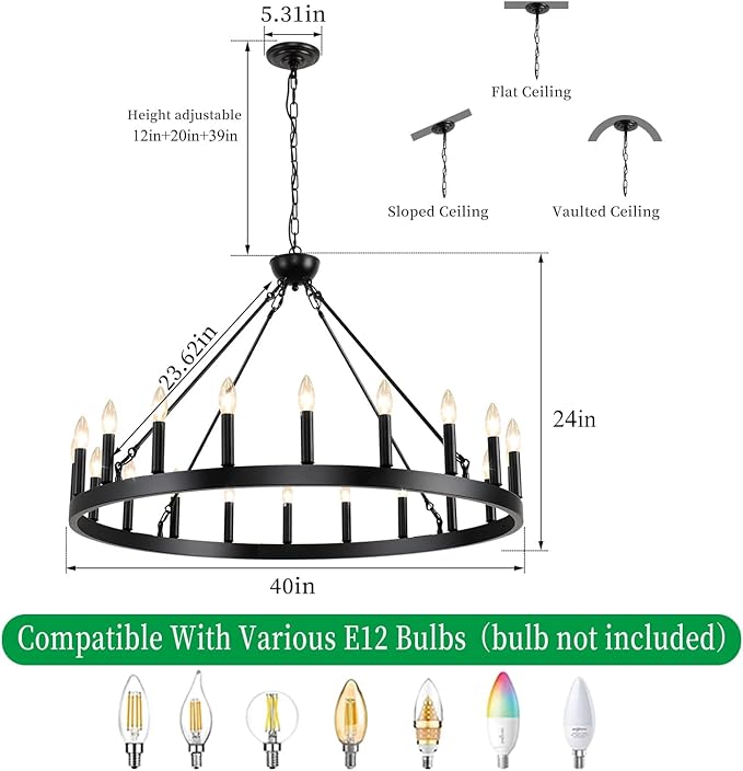 Wagon Wheel Chandeliers 40" 20-Light, Black Modern Farmhouse Chandelier with Adjustable Height, Hanging Island Light Fixture for Dining Living Ceiling Room Outdoor