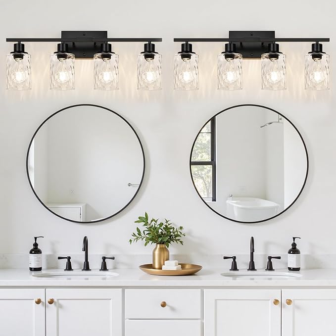 4-Light Bathroom Light Fixtures, Matte Black Vanity Light with Water Ripple Clear Glass Shades for Mirror, Living Room, Bedroom, or Porch