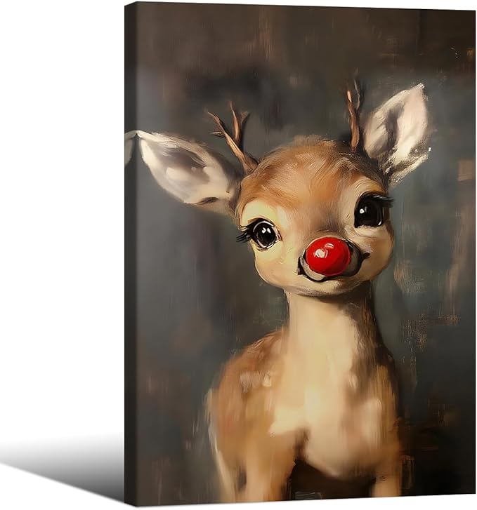 Christmas Reindeer Wall Art Winter Cute Whimsical Animal Canvas Poster 16x24 inch Framed Vintage Red Nose Deer Painting Prints for Rustic Living Room Bedroom Wall Decor