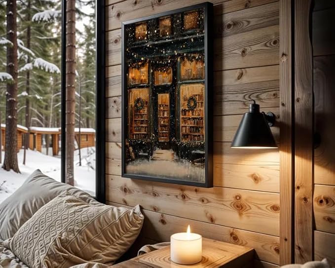 Vintage Christmas Wall Art, Cozy Bookstore Front with Wreaths and Snowy Street, Classic Holiday Winter, Warm Lights Winter Bookshop Painting, Festive Seasonal Christmas Decor (Unframed) (11x14)