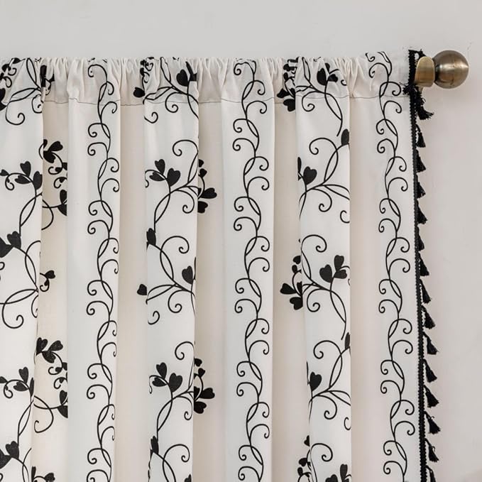 F-CHU Farmhouse Floral Curtains 84 Inch Length for Living Room Bedroom 2 Panels Cotton Linen Curtains Black Patterned Flower Boho Rustic Window Drapes 55x84 Black