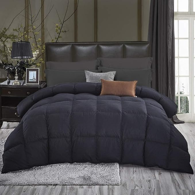 Luxurious King/California King Goose Down Comforter, Unique Black Solid, 600 Thread Count, 100% Egyptian Cotton Cover, 75 Oz Fill Weight, 750 Fill Power