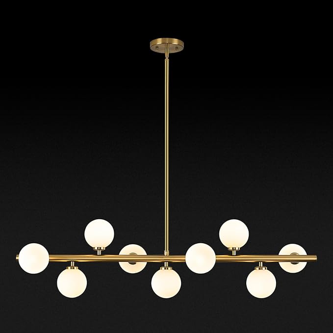 Mid Century Modern Globe Sputnik Chandelier, 9-Light Linear Chandeliers for Dining Room and Kitchen Island, Dining Light Fixture Over Table, Brass Gold and Milk White Glass Bubble, 40 Inch