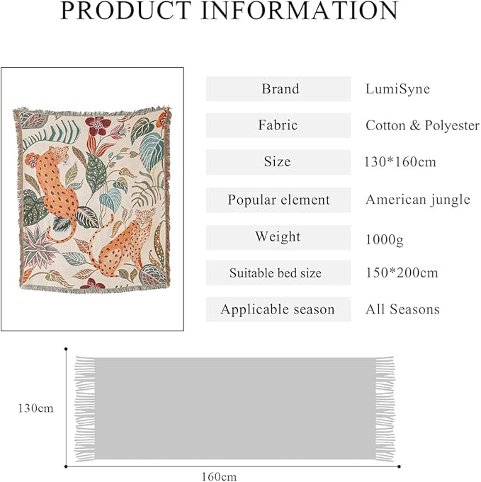 Double-Sided Cotton Woven Throw Blanket with Tassel Jungle Bohemian Style Tapestry Shawl Multi-Function Decorative Throws for Sofa Bed Armchair Camping Blanket Tablecloth Carpet 160x130cm