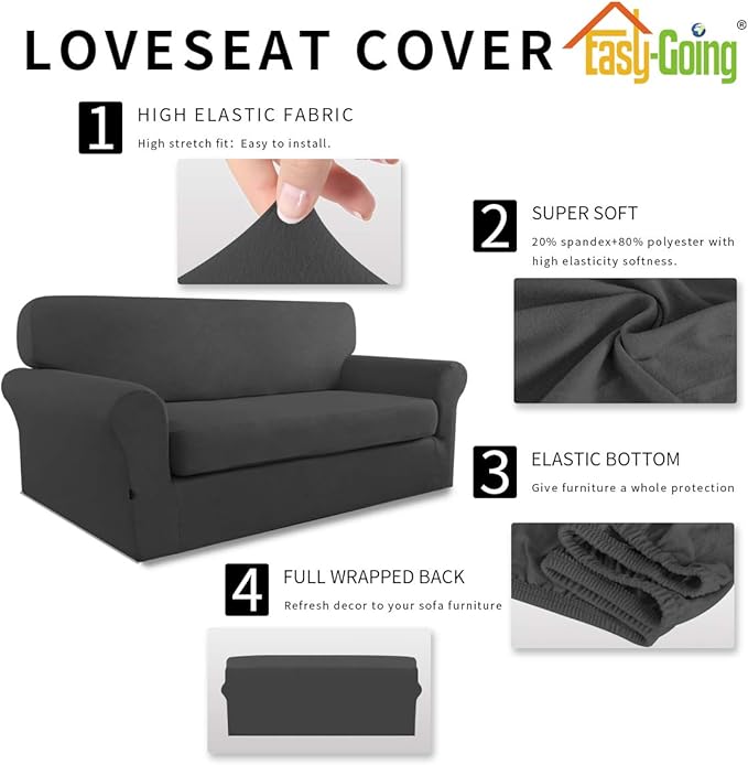 Easy-Going 2 Pieces Microfiber Stretch Sofa Slipcover – Spandex Soft Fitted Sofa Couch Cover, Washable Furniture Protector with Elastic Bottom Kids, Pet (Loveseat, Dark Gray