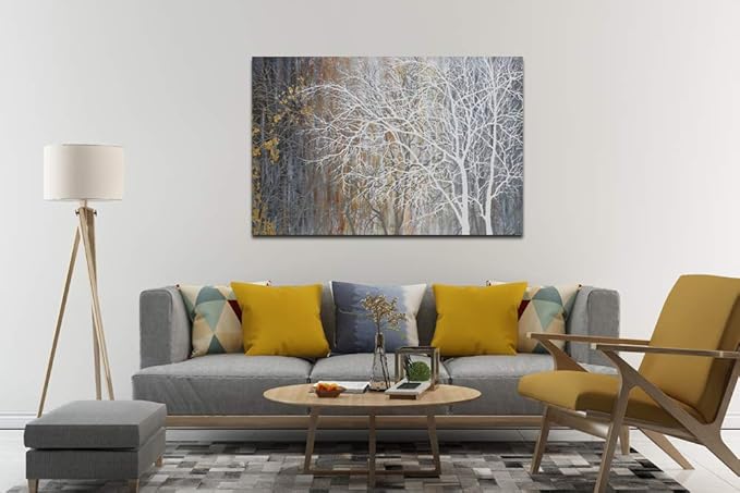 Yihui Arts Autumn Painting On Canvas White Tree Wall Art Large Landscape Falling No Leaves Artwork for Bar Club Decoration Ready to Hang