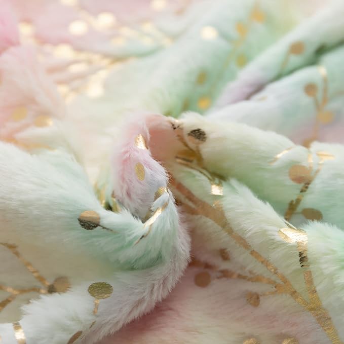 LIGICKY Set of 2 Rainbow Pillow Covers Fluffy Tie Dye Fur with Gold Branches Glitter Throw Pillows Decorative Pink Blue Soft Furry Sparkling Square Cushion Cases for Girl Room Couch Décor 18x18inch