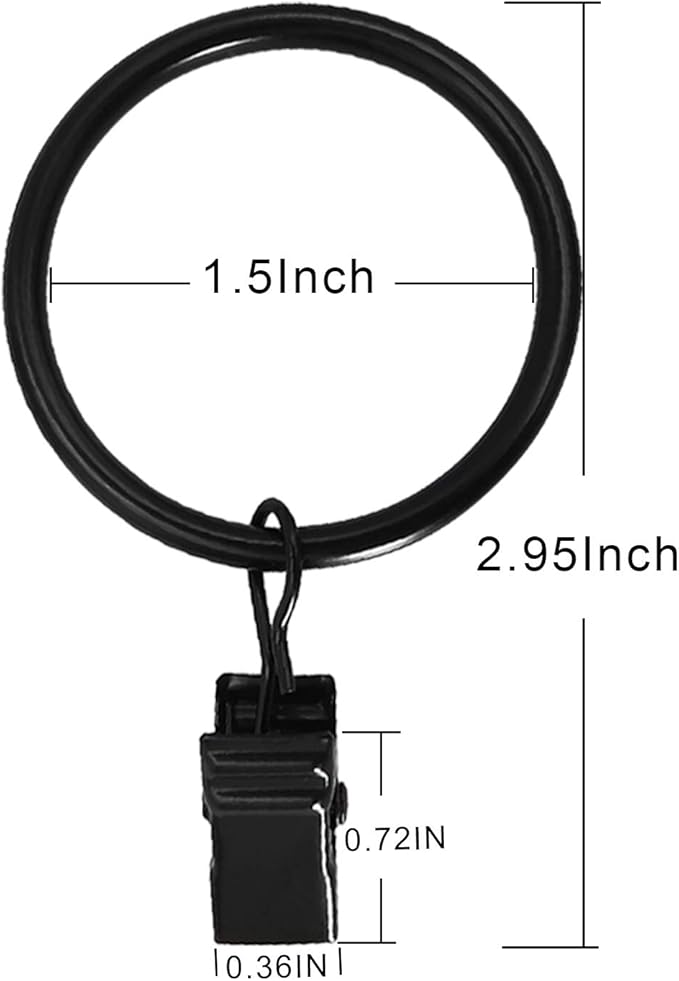 60 Pack Metal Curtain Rings with Clips, Curtain Clip Rings Hooks for Hanging Drapery Drapes Bows, Curtain Rod Rings 1.5 inch Interior Diameter, Black