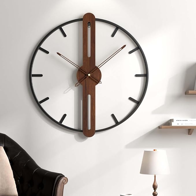 Modern Wall Clock for Living Room Decor, Silent Non Ticking Battery Operated Big Clock, Rustic Minimalist Wood Metal Frame Decorative Wall Clocks for Office, Bedroom, Kitchen, 20 Inch