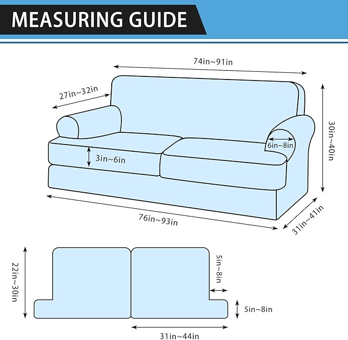 3-Pieces T Cushion Sofa Slipcovers Leather Look Couch Cover for 2 Cushion Couch Furniture Protector Stretch Sofa Cover with 2 Individual T Cushion Seat Covers Washable, Light Grey