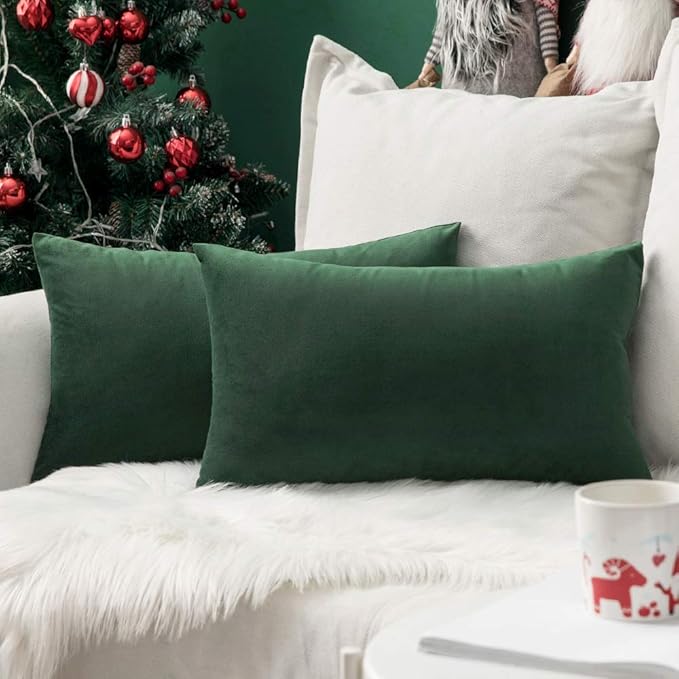 MIULEE Pack of 2 Velvet Soft Solid Christmas Decorative Lumbar Rectangle Throw Pillow Covers Cushion Case Home Decor for Couch Sofa Bedroom Car 12x20 Inch Army Green