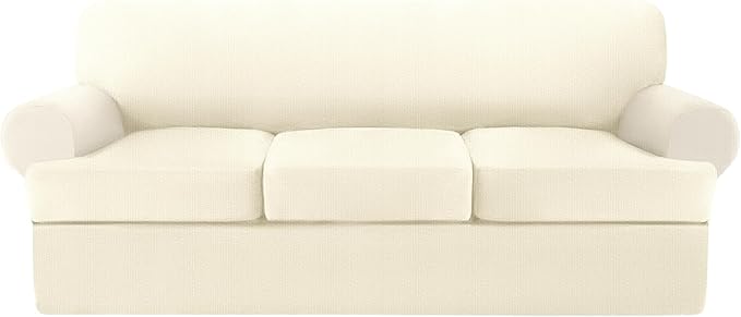 T Cushion Sofa Slipcover 4 Pieces Sofa Covers for T Cushion Couch Soft Sofa Slip Covers Furniture Protector with 3 Individual T Shape Seat Covers (Light Yellow, 3 Cushions)