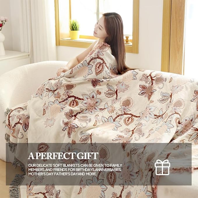 Boho Throw Blanket, 100% Cotton Ultra Soft Luxury Throw Rustic Quilt, Muslin Breathable Soft Bed Throw ，All Throw for Sofa Couch Chair 60×80 Inch