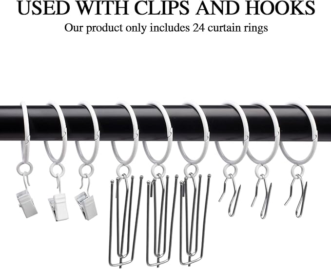 Openable Curtain Rings with Eyelet,24PCS White Curtain Rings,Drapes Rings 1.5 in Interior Diameter,Hinge Snap-Joint Design, Fits Curtain Rods Up to 1.25 Inches TXZWJZ