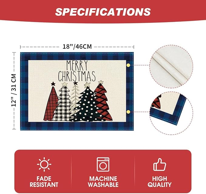 Artoid Mode Blue Waterclor Buffalo Plaid Christmas Trees Placemats Set of 4, 12x18 Inch Winter Table Mats for Outdoor Home Party Kitchen Dining Decor