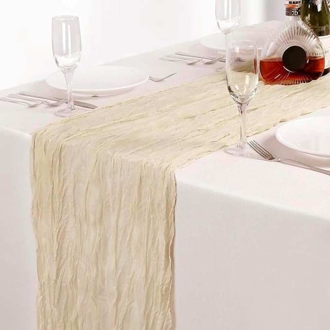 12 Pack Beige Cheesecloth Table Runners 35 x 120 Inch – Rustic Boho Gauze Table Runner for Wedding Arch, Party Decoration, Bridal Shower, Reception, Farmhouse Dining Decor