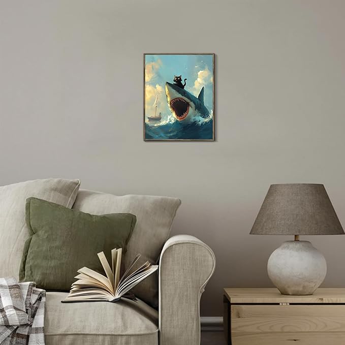 XOCUUI Cat Riding Shark Canvas Funny Cat Canvas Animal Decor Funny Shark Picture Coastal Theme Artwork Animal Prints Abstract Fish Picture Black cat Painting For Lover 8x10 - Unframed